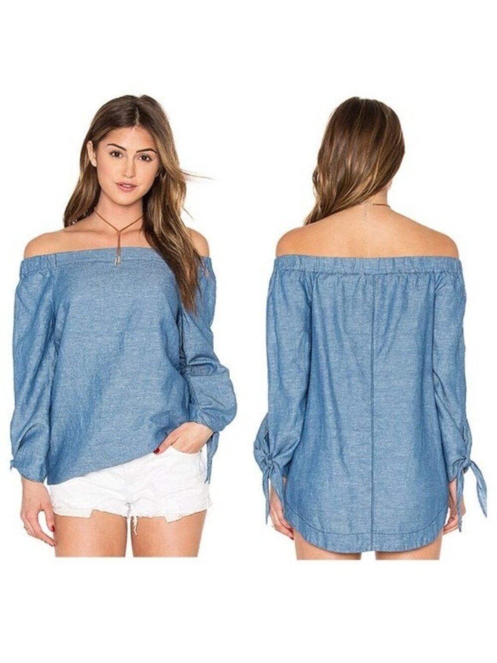 Free People Top Womens Small Show Me Some Shoulder Blue Cotton Linen Long Sleeve